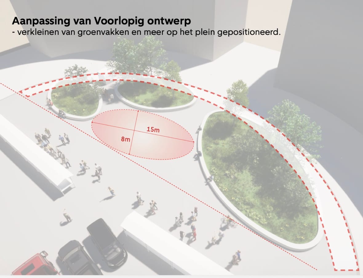 Plan van de gemeente met de aanpassing van het voorlopig ontwerp: kleinere groenvakken, meer op het plein gepositioneerd