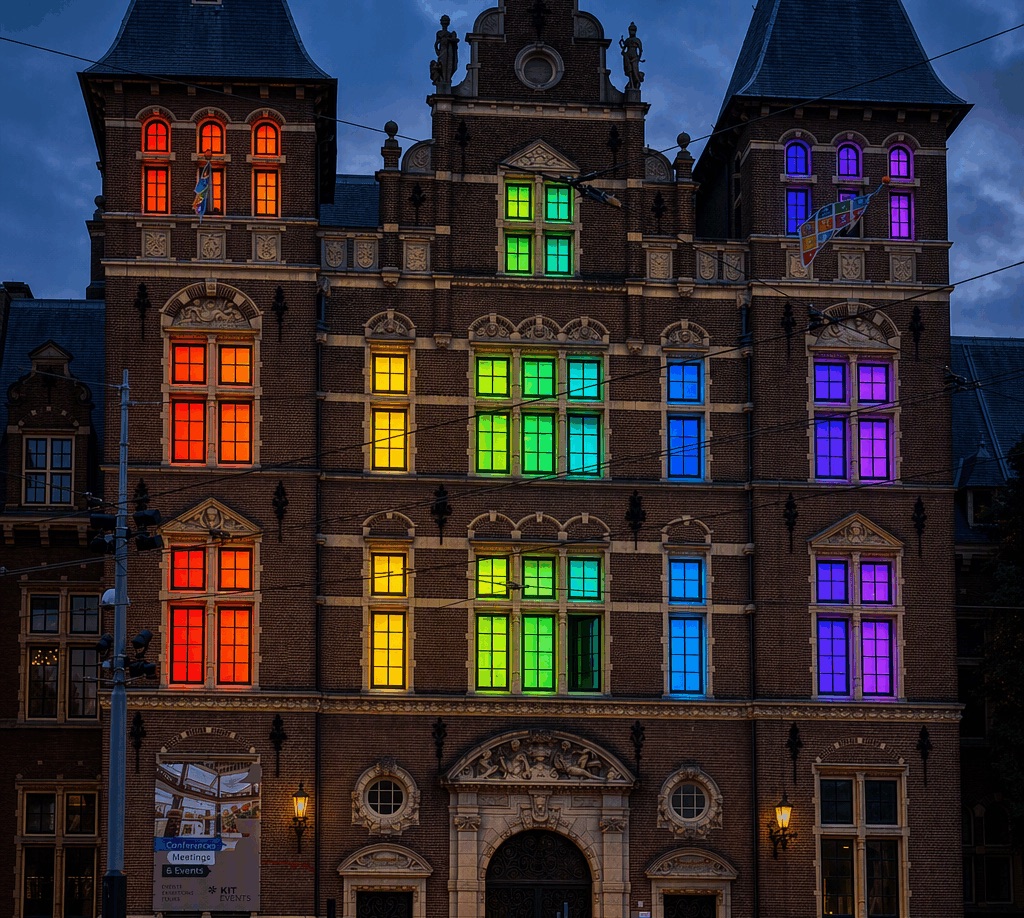 De gevel van het KIT aan de Mauritskade verlicht in de kleuren van de regenboog tijdens WorldPride (foto: Bourgonje)