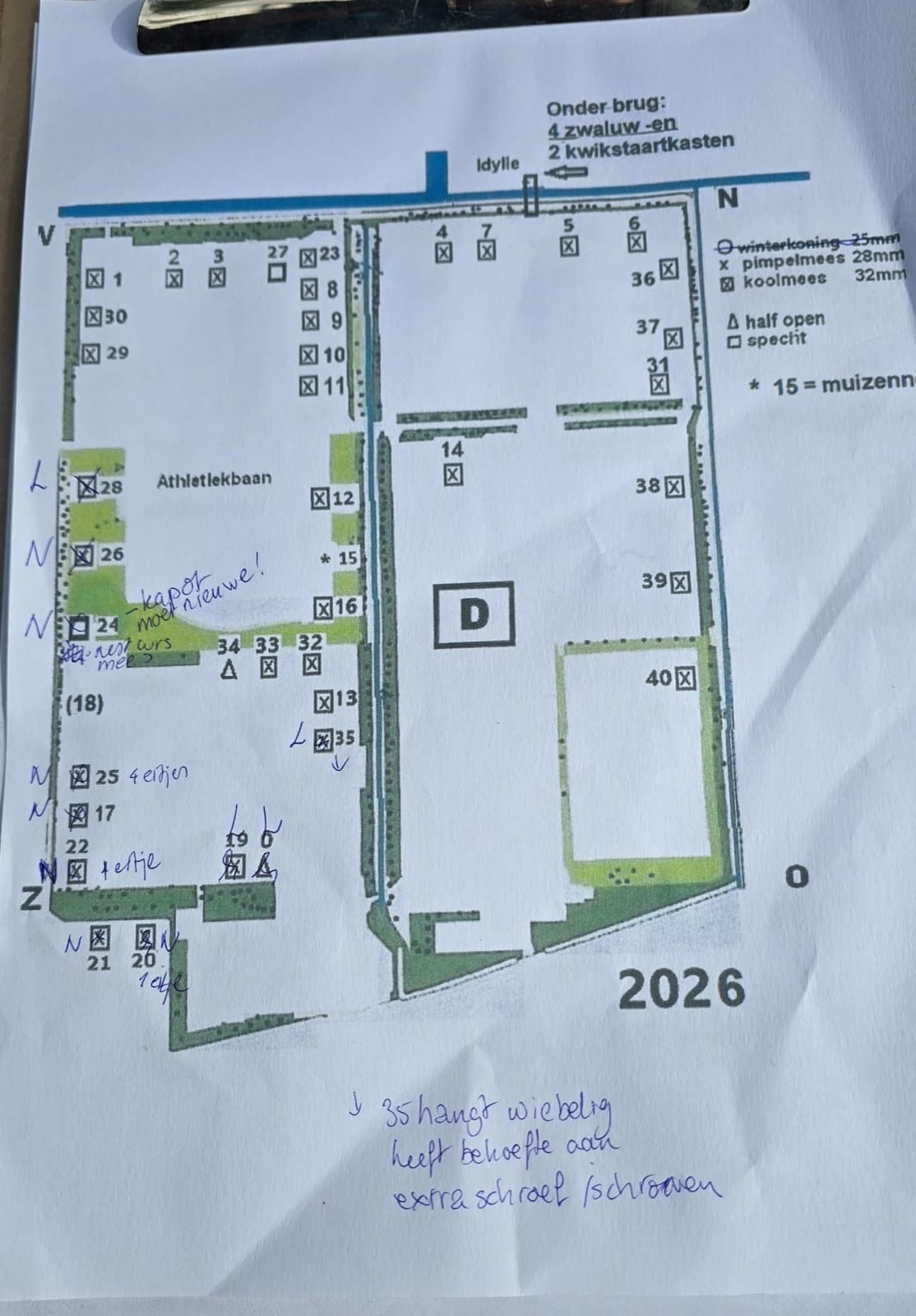 Plattegrond met de genummerde vogelnestkasten die de vrijwilligers controleren