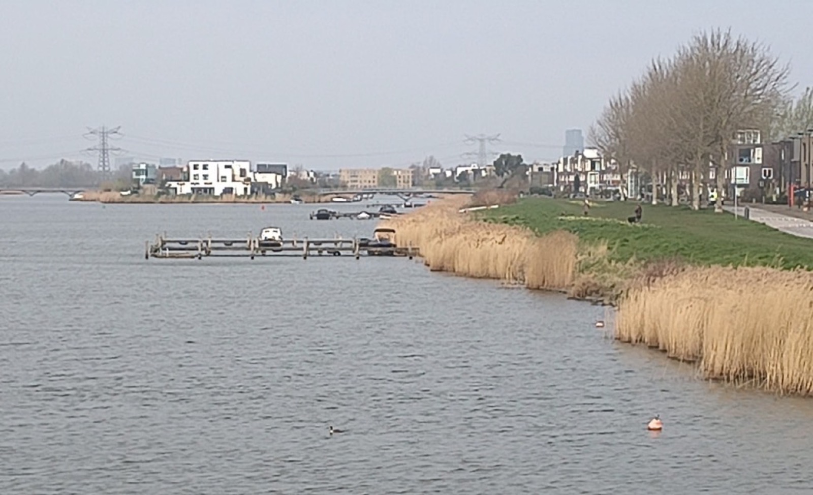 Zicht op het water bij de Nico Jessekade met de skyline van IJburg op de achtergrond