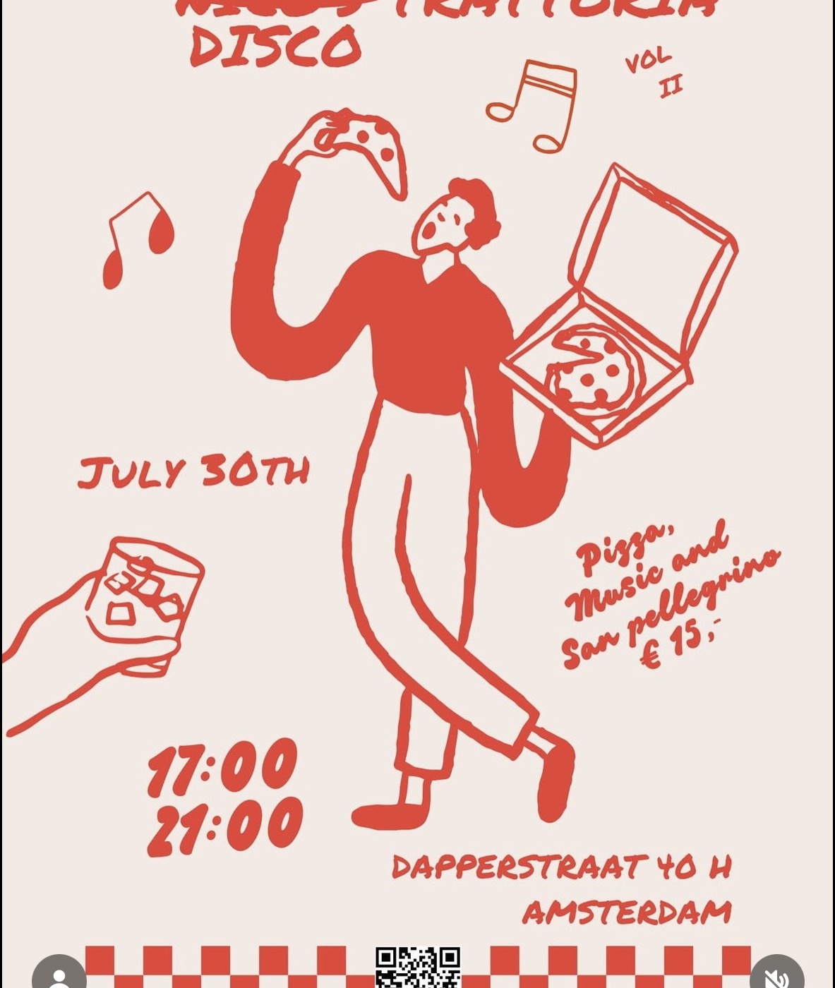 De flyer van Trattoria Disco vol. II: pizza, muziek en San Pellegrino voor 15 euro