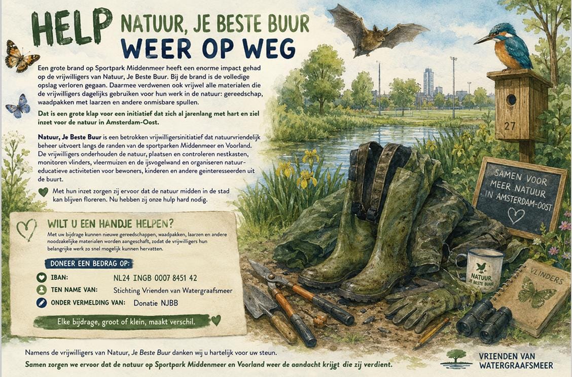 Campagnebeeld 'Help Natuur, je beste buur weer op weg' met de opgebrande gereedschappen en een donatieoproep van Vrienden van Watergraafsmeer