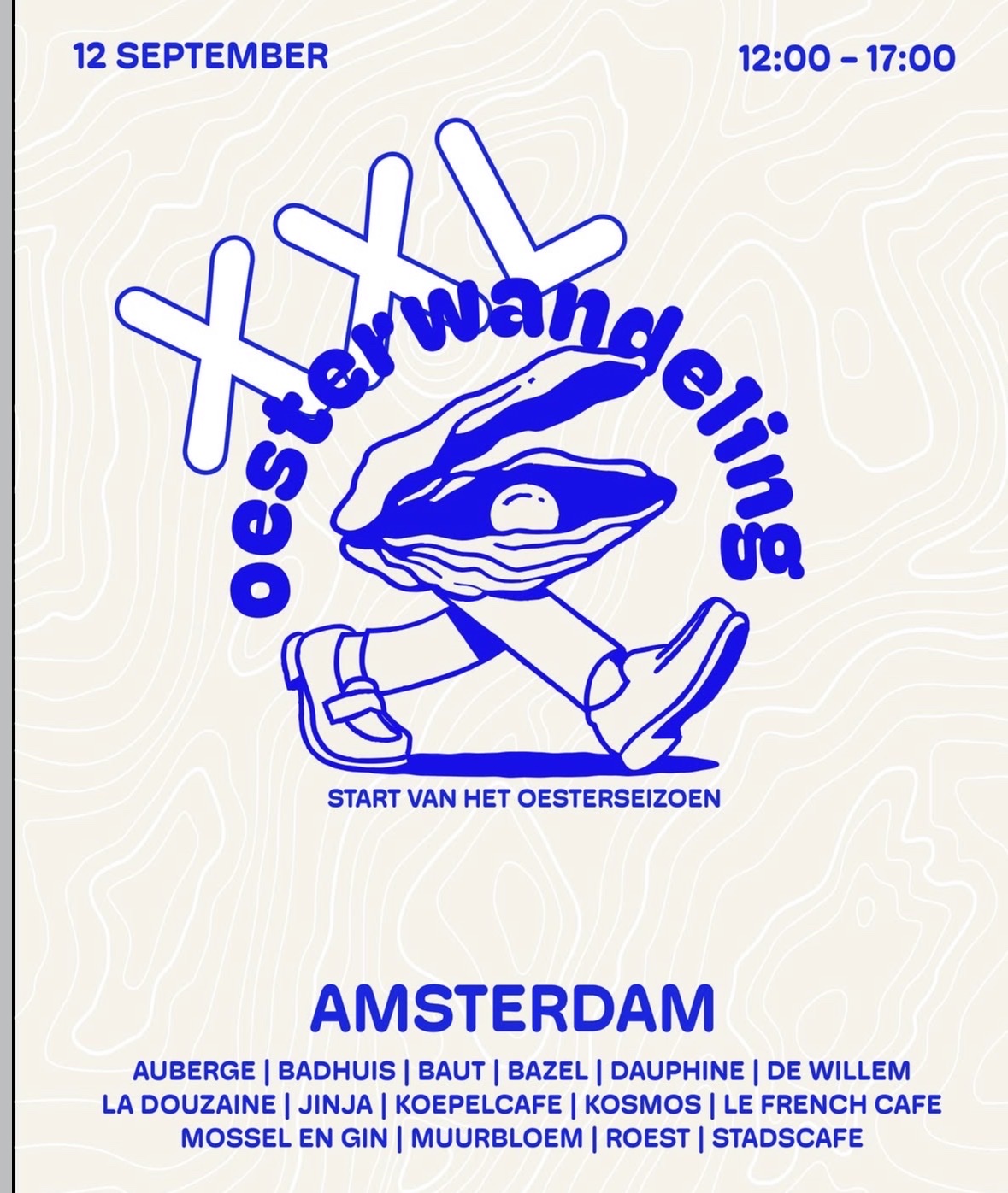 Poster van de Oesterwandeling XXL op 12 september, met de vijftien deelnemende zaken