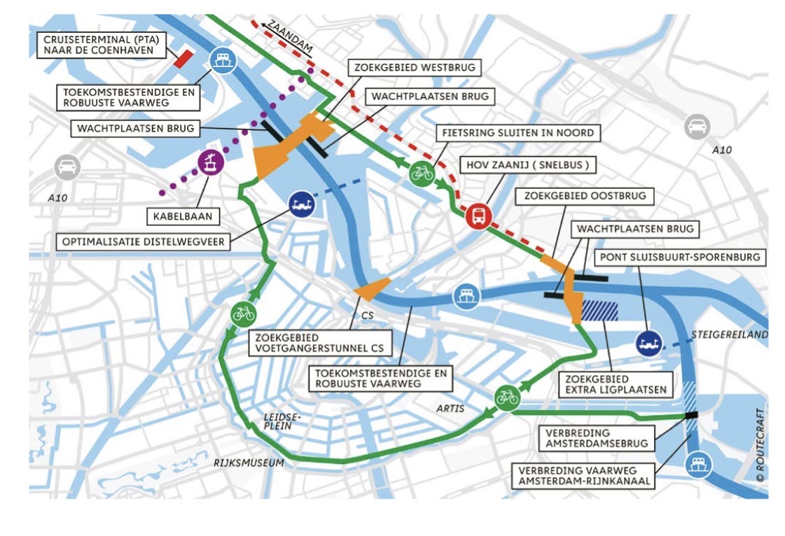 Overzichtskaart met het zoekgebied voor de Oostbrug en de overige onderdelen van het programma Sprong over het IJ
