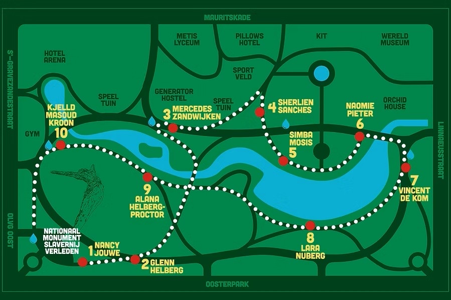 Plattegrond van de Oostcast-wandelroute door het Oosterpark, met tien genummerde luisterplekken rond het Nationaal Monument Slavernijverleden