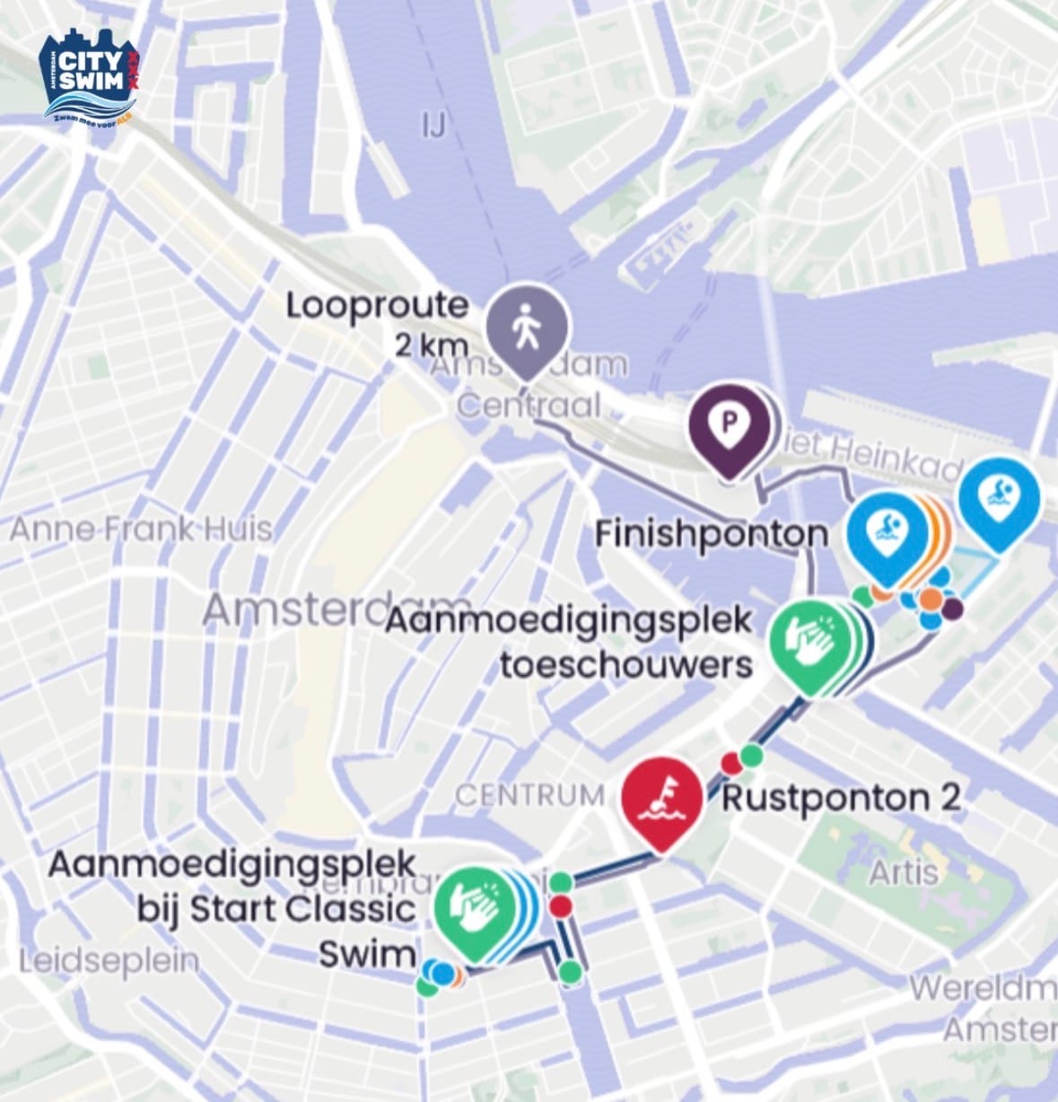 Routekaart van de Amsterdam City Swim, met start bij de Keizersgracht en finish op het Marineterrein