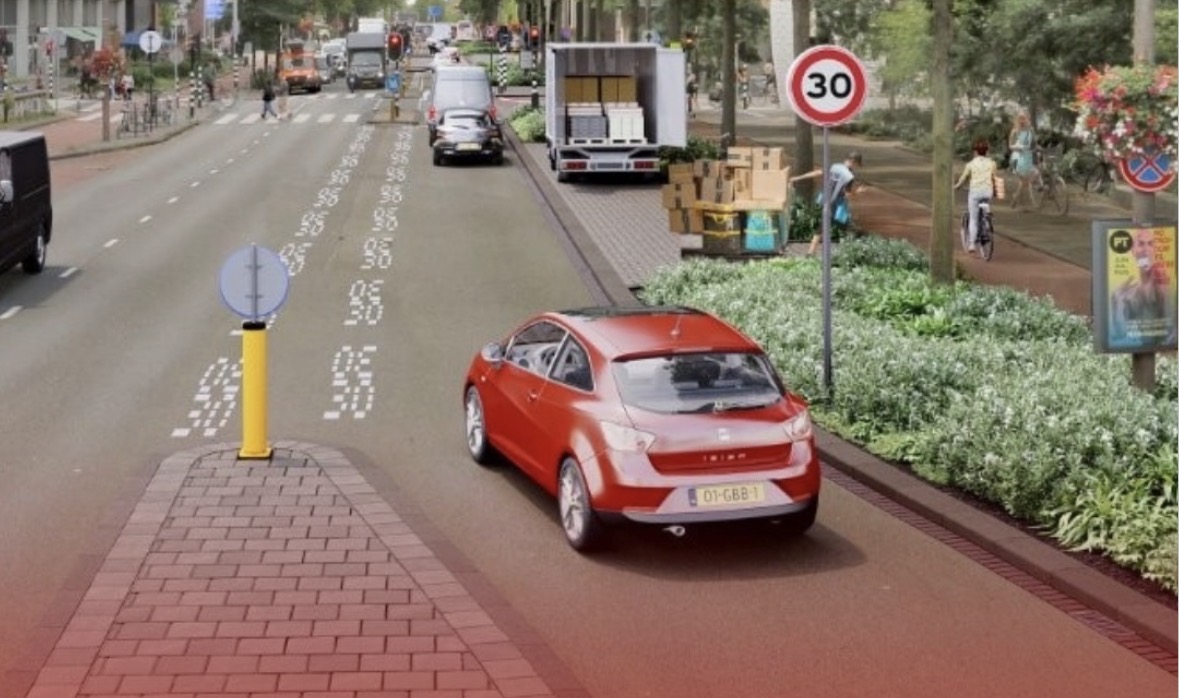 Impressie van de nieuwe inrichting van de Weesperstraat, met meer groen langs de rijbaan