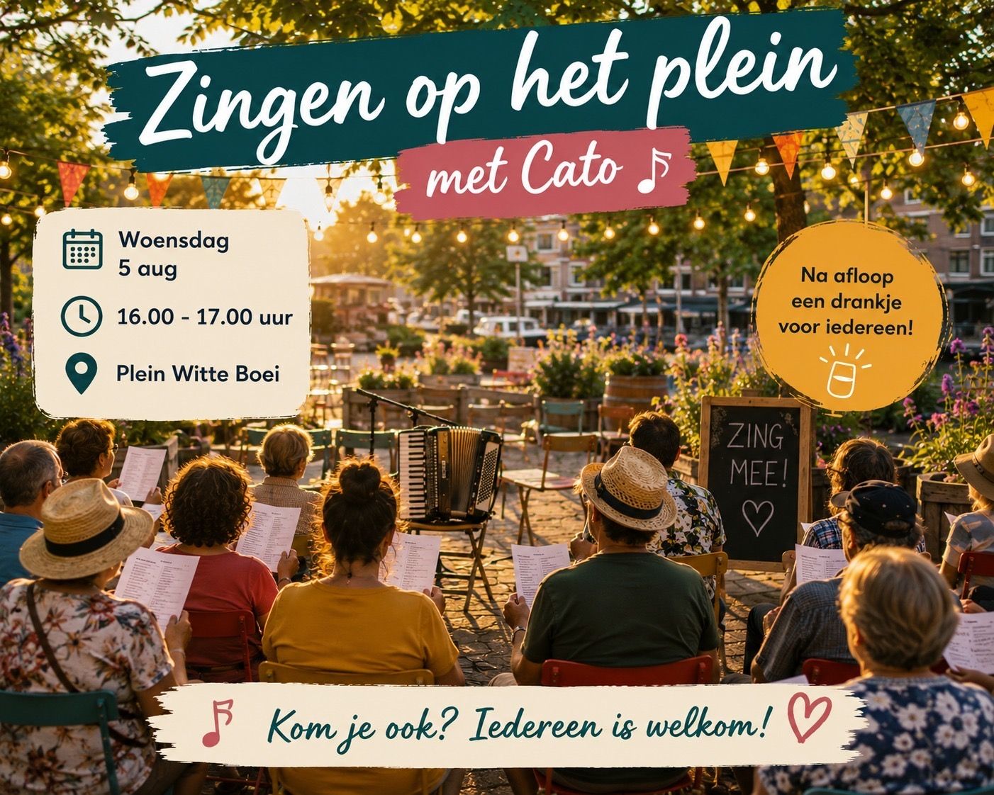 Aankondiging van Zingen op het plein met Cato