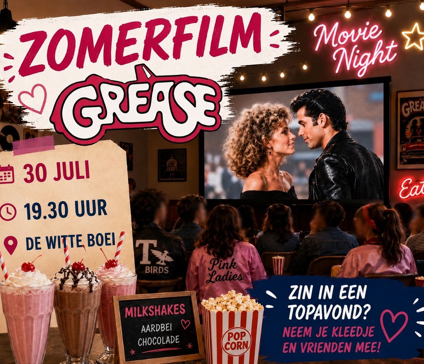 Aankondiging van de zomerfilm Grease bij De Witte Boei