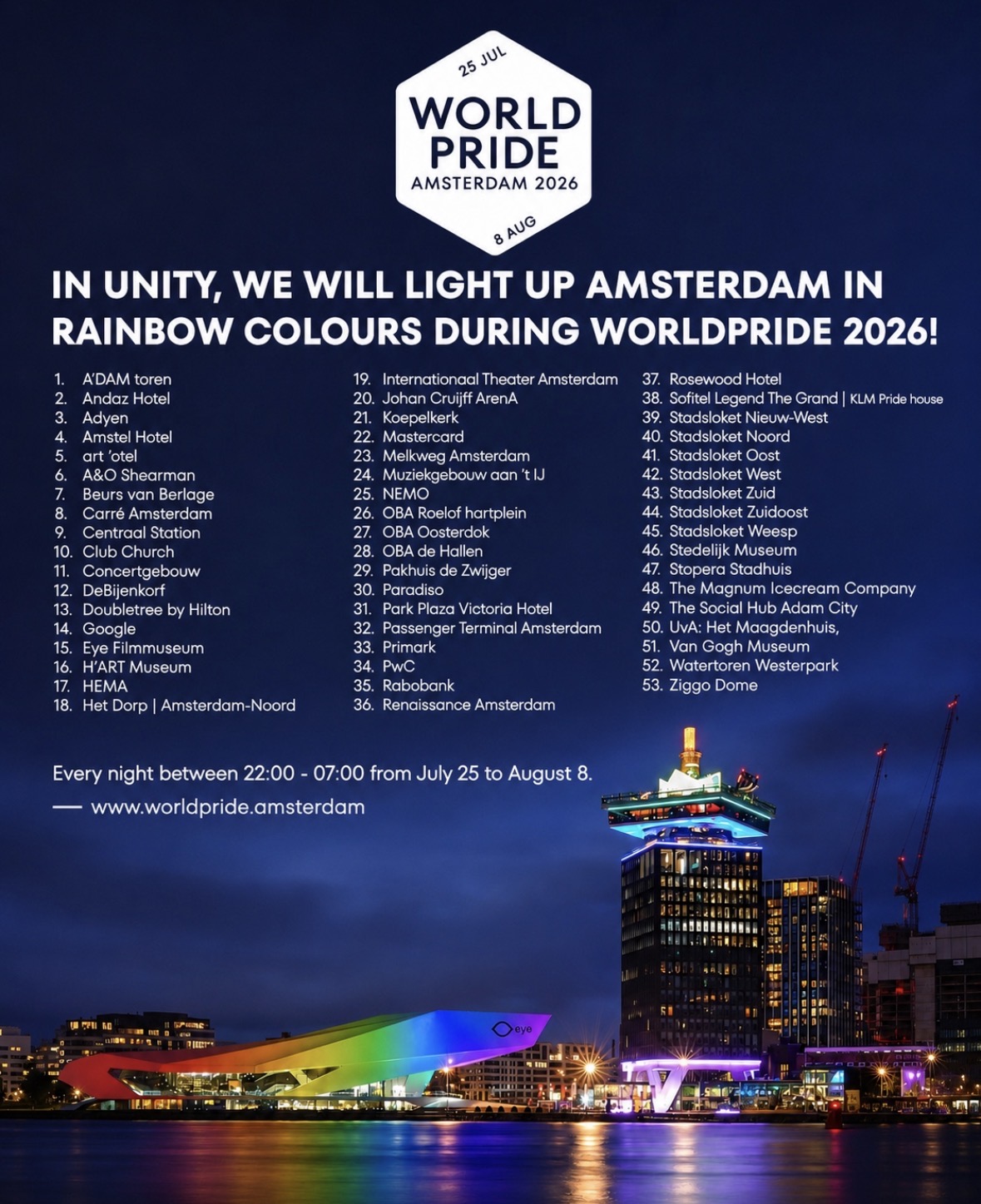 De campagneposter van WorldPride Amsterdam 2026 met alle 53 deelnemende gebouwen